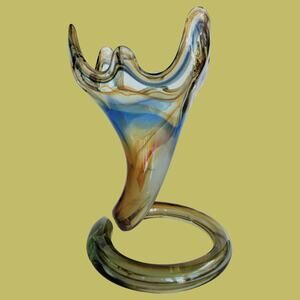 Vintage MCM 1960s Blue and Rust Sooner Art Glass Trumpet Vase